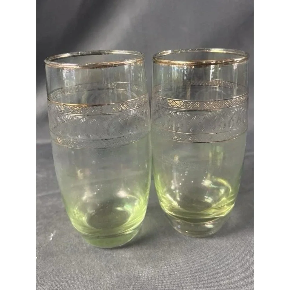 Vintage Mid Century Stretched Glass Gold Rim Highball‎ Tumblers Set of 4